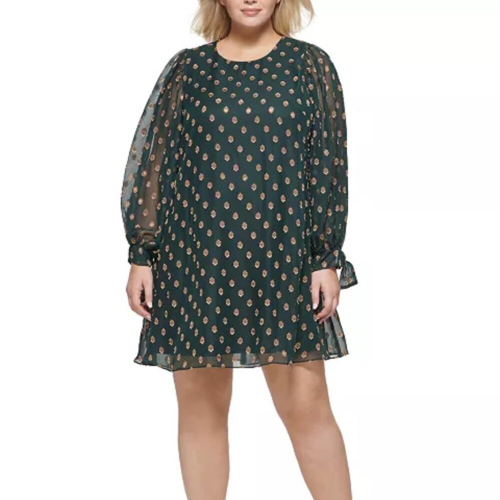 Calvin Klein Green & Metallic Gold Pattern Tie-Cuff Shift Dress Sz 10 NWT